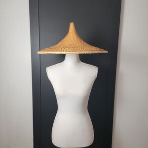 Vintage Asian Conical Rattan Leaf Rickshaw Coolie Hat Cantonese Chinese Handmade